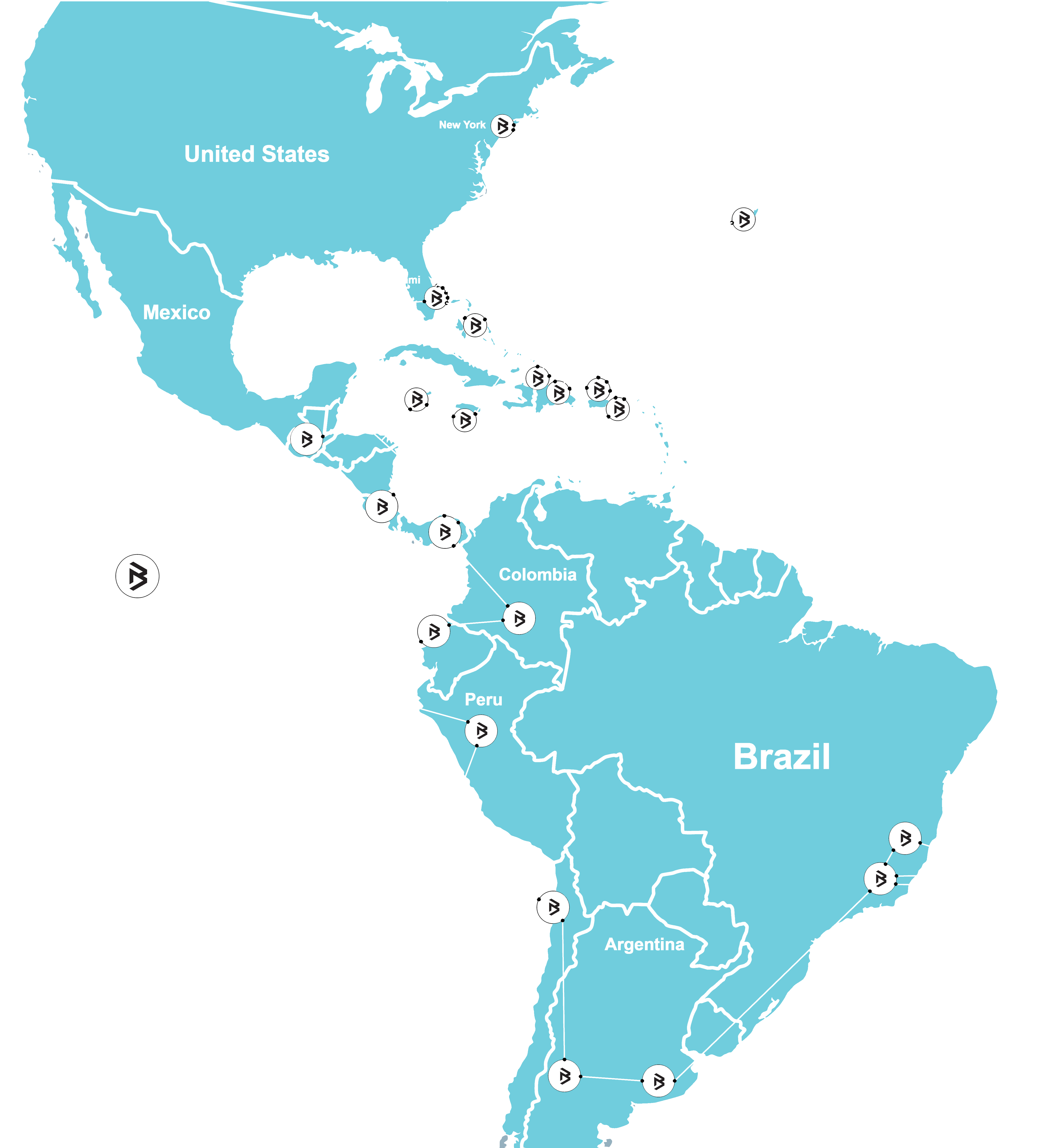 Brightwater Networks coverage across Latin America and the Caribbean - points of presence in Mexico, Central America, the Caribbean, and South America with U.S. interconnect at Miami and New York